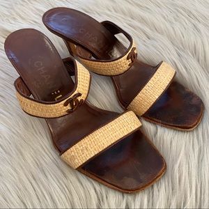 CHANEL Strappy CC Logo Basket Weave Sandals 37.5